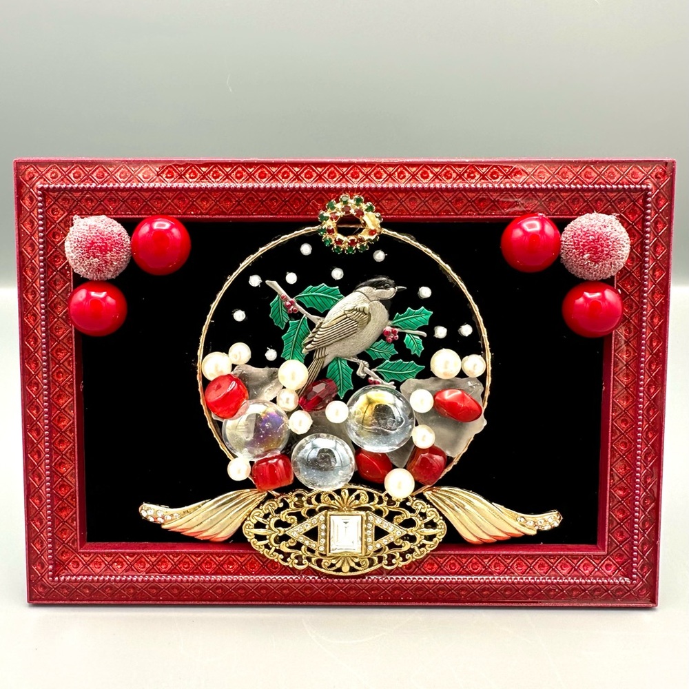 Hand Crafted Christmas Winter Jewelry Art - Snow Globe Chickadee